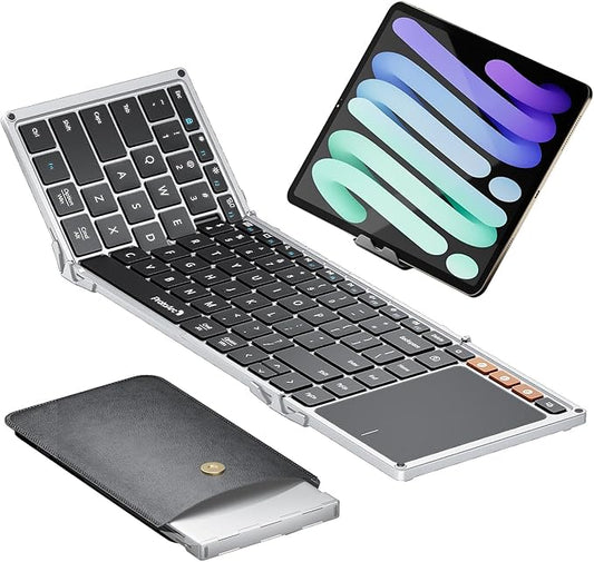 ProtoArc Foldable Keyboard with Touchpad, XK01 TP Folding Portable Keyboard, Full Size Keys, Large Trackpad Bluetooth Travel Keyboards for Laptop PC Tablet - Black Silver