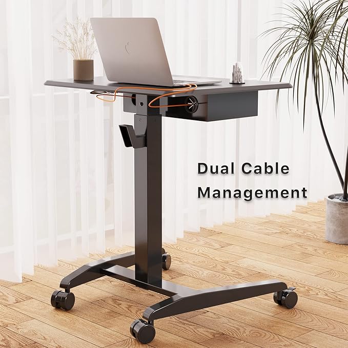 JOY worker Height Adjustable Rolling Laptop Desk with Shelf,Mobile Standing Desk,Pneumatic Mobile Laptop Table with Wheels for Couch Home Office School,Holds Up to 22lbs,Black