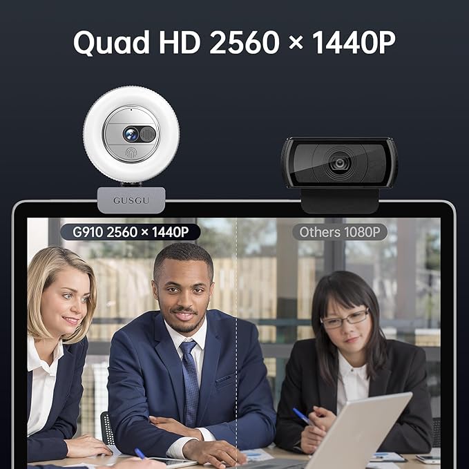 GUSGU 2K QHD Webcam with Microphone and Ring Light, G910 Web Camera Privacy Cover, USB Plug&Play Computer Camera for PC/Desktop/Laptop/Mac, Streaming Camera for Video Conferencing