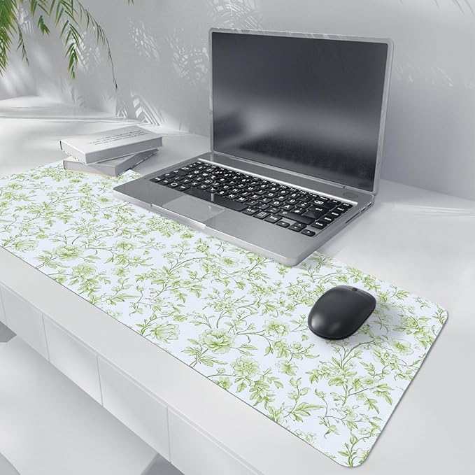 Sage Green Chinoiserie Mouse Pad,Vintage Light Green Floral Desk Mat,XL Large Vintage Flowers Preppy Mouse Pad,Girly Laptop Desk Mat for Dorm Home Office Decor,31.5x11.8 Inch