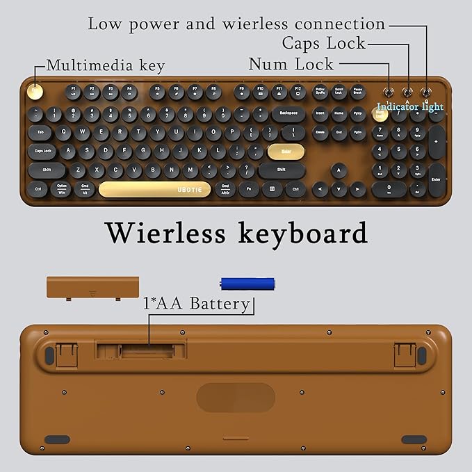 Colorful Wireless Computer Keyboards Mouse Combos, UBOTIE Polychrome Round Keycaps Retro PC Keyboards 2.4GHz Radio Frequency Connection with Optical Mouse(Black Brown)