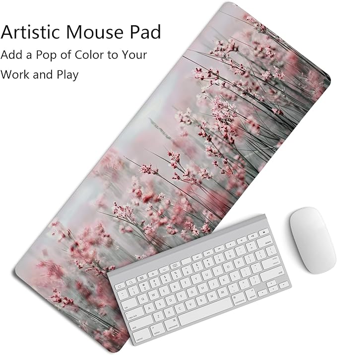 Pink Lavender Floral Mouse Pad,XL Large Spring Summer Meadow Mouse Pads,Aesthetic Cottagecore Flower Desk Mat,Impressionist Botanical Grass for Home Office Dorm Desktop Decor,31.5x11.8 Inch