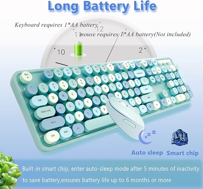 Wireless Keyboard and Mouse Combo, Ergonomic Cute Retro Typewriter Full Size Colorful USB Cordless Keyboard Mouse Set for Gaming and Office (Blue)