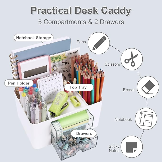 Plastic Pen Organizer, Multifunctional Desk Organizer with 2 Drawers, 4 Compartments & a Top Tray, Pencil Holder Desktop Organizers and Accessories for Office, 7.7" x 5.5" x 3.9" (White)