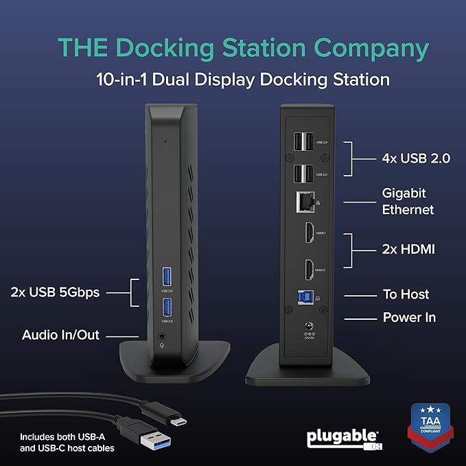 Plugable USB 3.0 and USB-C Universal Laptop Docking Station with 2 HDMI Ports for Windows, Mac (Driver Required), and ChromeOS, Gigabit Ethernet, Audio