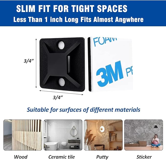 Strong Back-Glue Self Adhesive Cable Zip Tie Mounts Kit - 50 Set Cable Management Clips with 6" Zip Ties, Wire Holders - Outdoor Sticky Wire Organizer Clips-Black (50 Set, Black)