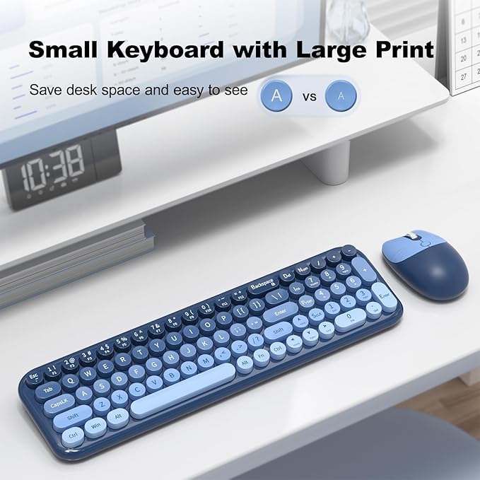 Wireless Keyboard and Mouse Combo, MOWUX Compact Typewriter Retro Round Computer Keyboard, Cute Optical Mouse Wireless, Plug and Play, for Laptop, PC, Computer- Sea Blue Gradient