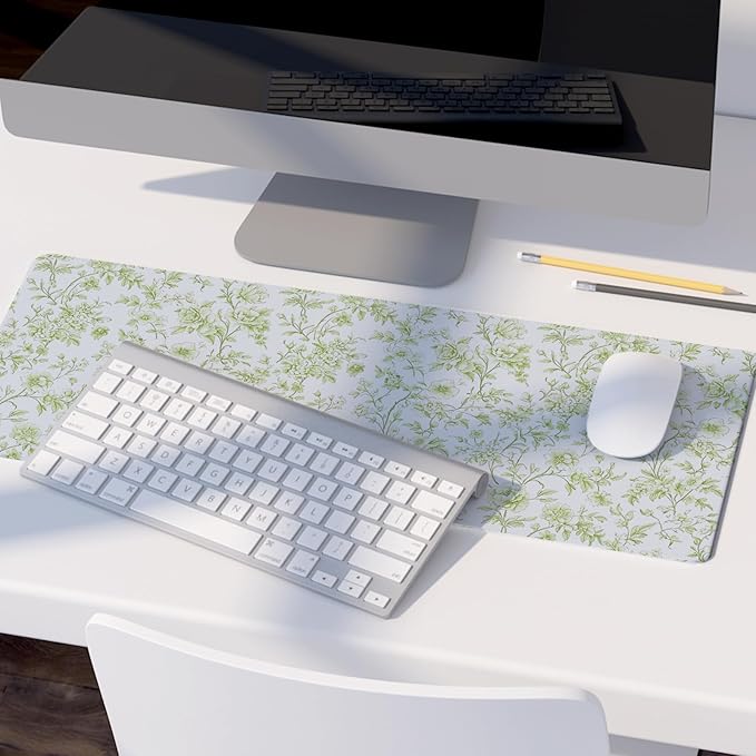 Sage Green Chinoiserie Mouse Pad,Vintage Light Green Floral Desk Mat,XL Large Vintage Flowers Preppy Mouse Pad,Girly Laptop Desk Mat for Dorm Home Office Decor,31.5x11.8 Inch
