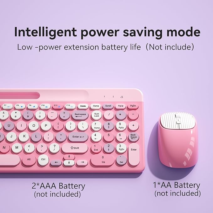Retro Wireless Keyboard with Round Keycaps, 2.4GHz Full-Size USB Cute Wireless Keyboard Mouse for Computer, Desktop, Laptop and Computer (Pink-Colorful)