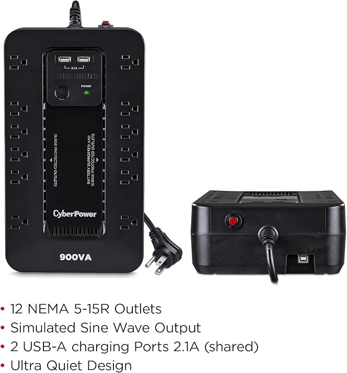 CyberPower ST900U Standby UPS System, 900VA/500W, 12 Outlets, 2 USB Charging Ports, Compact, Black