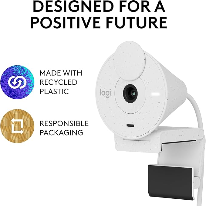 Logitech Brio 300 Full HD Webcam, auto Light Correction, Noise reducing mic, Privacy Shutter, USB-C, Works with Microsoft Teams, Google Meet, Zoom, for Streaming and Video Calling - White