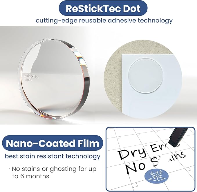 Non-Magnetic Dry Erase Calendar for Fridge - Reusable Monthly Calendar Sticks to Most Smooth Surfaces - 6 Dry Erase Markers Included - Shipped Flat