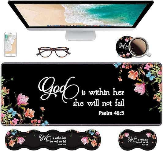 Ergonomic Keyboard Wrist Rest & Mouse Pad Wrist Rest Set,Large Gaming Desk Mat 31.5"x 11.8" with Non-Slip Base,Memory Foam,Easy Typing Pain Relief for Home & Office,Floral Quote Bible Verse Psalm 46:5