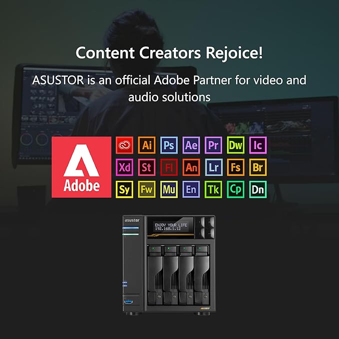 Asustor Lockerstor 4 Gen3 AS6804T, 4 Bay NAS, AMD Ryzen Quad-Core 2.3GHz, 16GB ECC DDR5, 4 M.2 NVMe Slots, Dual 5GbE & 10GbE Port, Network Attached Storage for Video & Content Creators (Diskless)