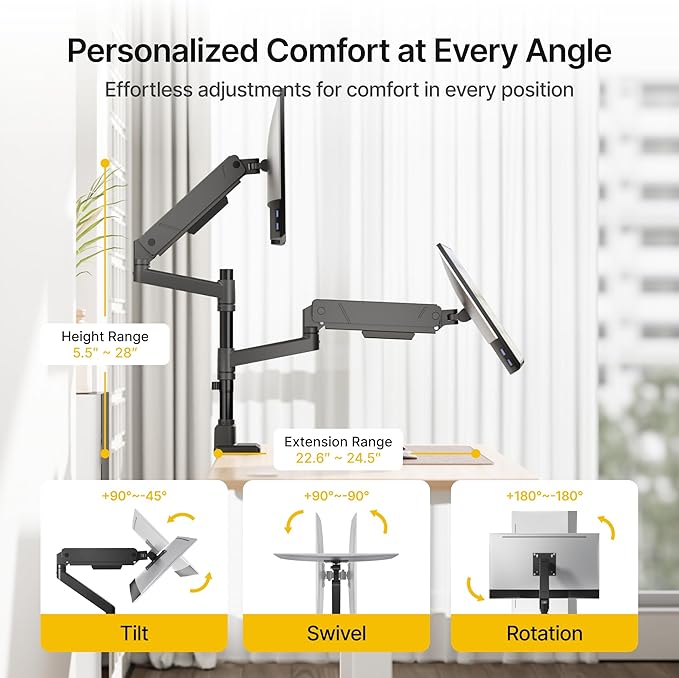 monTEK Dual Monitor Mount Tall Monitor arms for 2 Monitors for 17 to 35 Inch Curved Screen Holds 35 Lbs Adjustable Heavy Duty Monitor Desk Mount Cable Management, VESA 75/100mm
