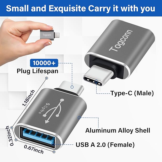 USB-C to USB A Adapter (2 Pack), [Slim Design, Side-by-Side Use] USB Type-C to A OTG Converter, USB C (Male) to USB A 2.0 (Female) Connector for MacBook Pro, iPhone 15, iPad Pro, Galaxy S23, Dell XPS