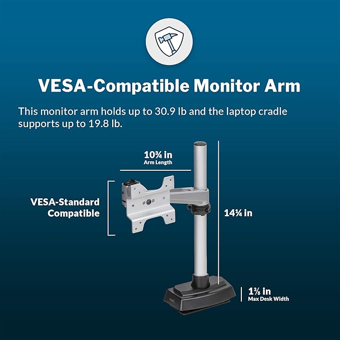 Vari Monitor Arm & Laptop Stand - VESA Compatible Mount with 360 Degree Rotation & 15" Laptop Stand with Adjustable Height, Monitors up to 27 inches, 19.8 lbs Capacity - Single Monitor & Laptop Holder