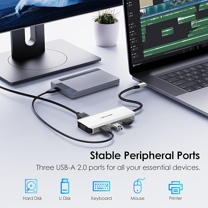 Laptop Docking Station, WAVLINK Quad Monitor Docking Station with Dual DP, HDMI, VGA, 100W PD in, 3* USB-A2.0 for Wireless Device, Compatible with Dell/HP/Lenovo etc, Windows Systerm Computer Only