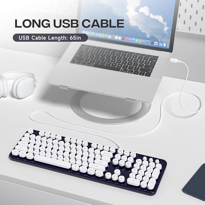 Computer Keyboard Wired, Plug Play USB Retro Round Typewriter Keyboard, Full Size Wired Keyboard with Foldable Stands for Laptop and Office PC