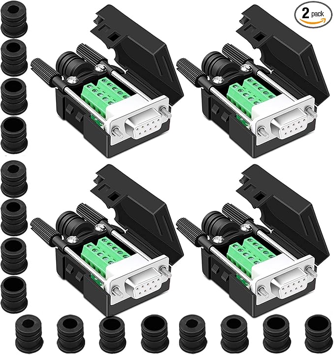 4PCS DB9 Female Breakout Connector,DB9 Solderless RS232 D-SUB Serial to 9-pin Port Terminal Adapter Connector Breakout Board with Case Long Bolts Tail Pipe