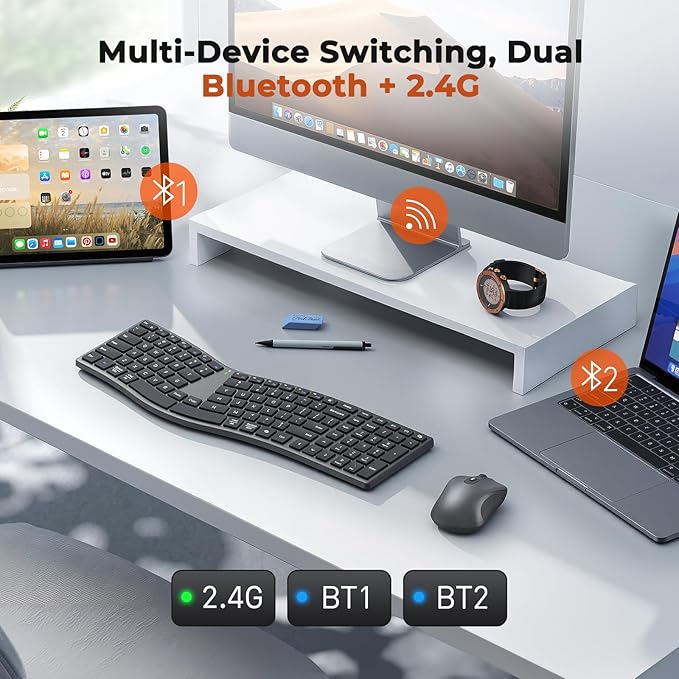 MEETION New Ergonomic Keyboard and Mouse, Director Q Split S-Curve Design, 2.4G Wireless & Dual Bluetooth, Slim Low-Profile Keys 4 DPI Mouse Rechargeable Full Size for Windows Mac PC Laptop Computer