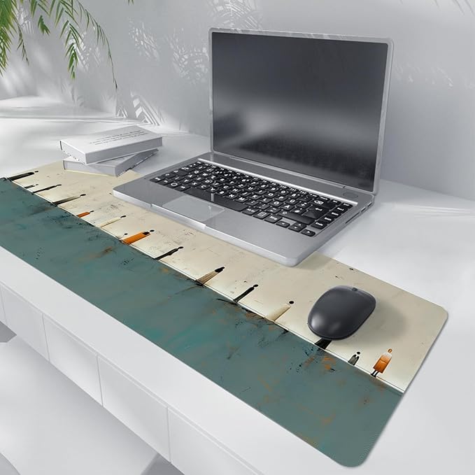 Beige Green Summer Beach Mouse Pad,XL Large Art Minimalist Abstract People Desk Mat,Aesthetic Calming Beach Crowd Desk Mat for Home Office Dorm Desktop Decor,31.5x11.8 Inch
