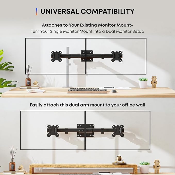 PUTORSEN Dual Monitor Wall Mount, Horizontal Assembly Mount for 2 Monitor Screens up to 27 inches,Max. 10kg, VESA 75x75/100x100mm