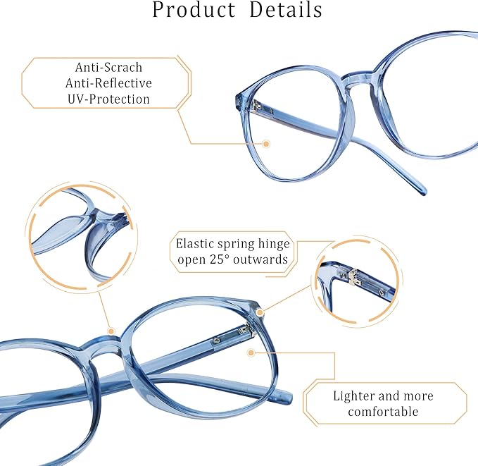 LifeArt Round Blue Light Blocking Glasses, Computer Glasses, Gaming Glasses, TV Glasses for Women Men (Light Blue, 2.00 Magnification)