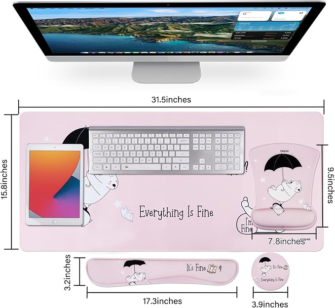 MEGREZ 4-in-1 Ergonomic Memory Foam Wrist Rest Set, Desk Pad, Mouse Pad with Wrist Rest, Keyboard Pad, Suitable for Office Workers, Programmers & Gamers–Relieve Typing & Gaming Fatigue, Pink