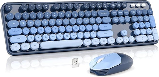 Wireless Keyboard and Mouse Combo, MOWUX Full Size Typewriter Retro Round Computer Keyboard, Cute Optical Mouse Wireless, Plug and Play, for Laptop, PC, Computer- Sea Blue Gradient