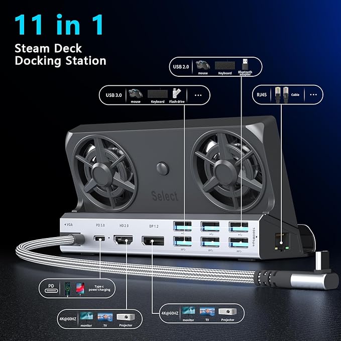 14-in-1 Steam Deck Docking Stationfor Steam Deck/Rog Ally/Switch/Legion Go Dual Cooling Fans 4K@60Hz,1080P 6 USB Ports,1000Mbps, 100W Type C Charing,DP1.2,40Gbps Adapter