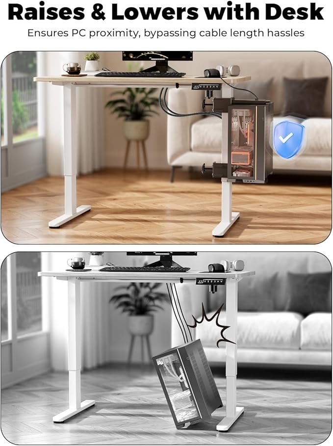 JOY worker Upgraded Under Desk PC Mount for Standing Desk, Clamp-On Desk Leg Computer Mount with Extra Protective Arms, Adjustable Computer Case CPU Holder Holds Up to 44lbs, Black