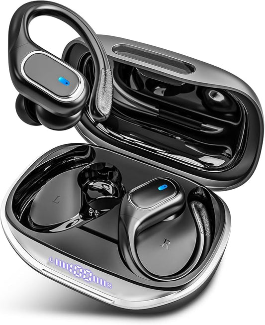 Wireless Earbuds Bluetooth 5.3 Headphones with 80H Playback, IPX7 Waterproof Over Ear Buds with LED Power Display for Sports Running Workouts Gray Black