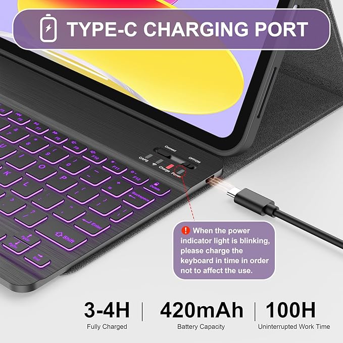 Soke for iPad (A16) 11th/10th Generation Case with Keyboard(2025/2022)-7 Color Backlight Wireless Detachable Folio Keyboard Cover with Built-in Pencil Holder for iPad 11/10.9 inch, Purple Marble