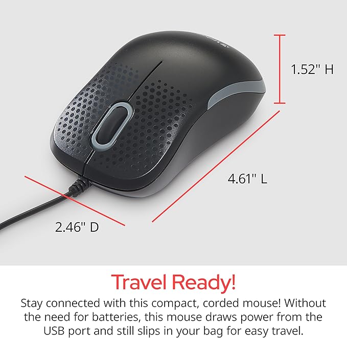 Verbatim USB Silent Corded Optical Mouse - Computer Wired Noiseless and Silent Click Mouse for Mac and PC - Black