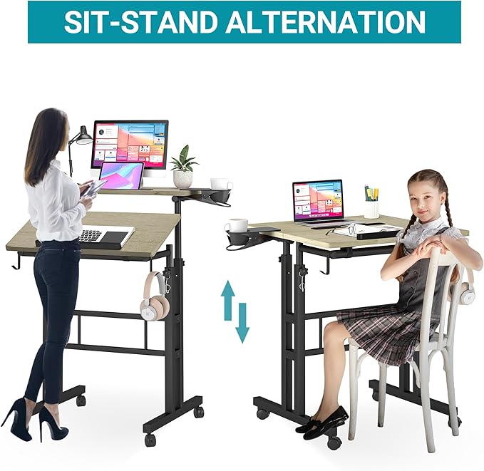 Klvied Stand Up Desk on Wheels, Portable Computer Desk for Home Office,Rolling Desk for Laptop with Removable Cup Holder, Adjustable Laptop Cart for Standing or Sitting,Grey