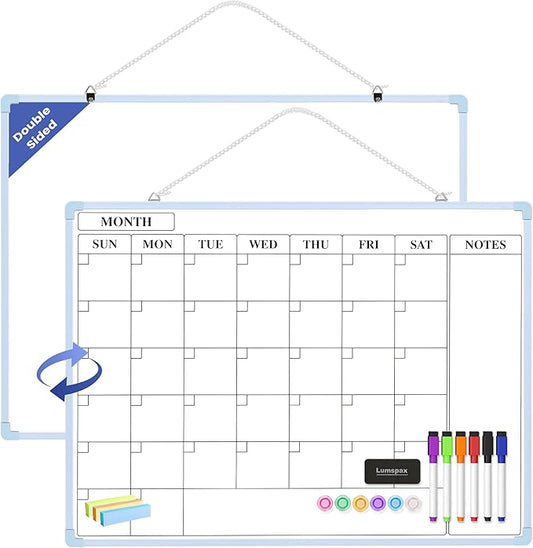 Monthly Whiteboard Calendar for Wall, 24" x 18" Dry Erase Board with Plastic Frame, Hanging Dry Erase Calendar with 3 Mini Sticky Notes for Kitchen Planner, Memo, Home and Office, Blue