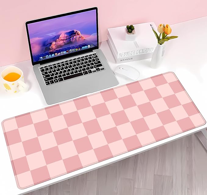 Pastel Pink Desk mat, Checkered Pattern Extra Large Mouse Pad, Desk Protector Pad, Writing Mat for Work Home Decor, Non-Slip Rubber Gaming Mouse Pads for Computer Laptop, 31.5 X 11.8 in