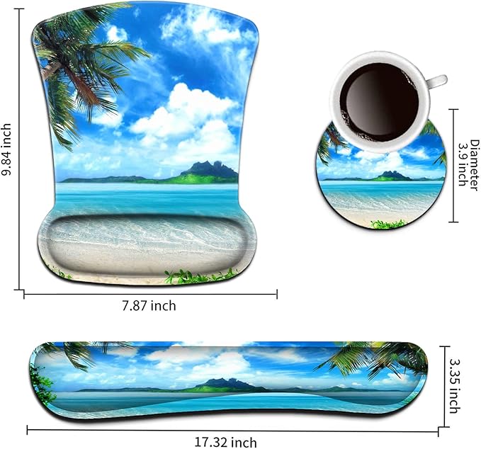 Keyboard Wrist Rest Pad and Ergonomic Mouse Pad Wrist Support Set Ocean Waves Coconut Trees on Sands Beach Seascape Scenery for Gaming, Office, Comfortable and Pain Relief with Coaster Set