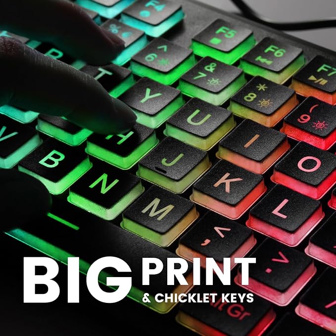 Perixx PERIBOARD-317RGB Wired Backlit USB Keyboard - Big Print Letter with RGB Illuminated LED - US English Layout