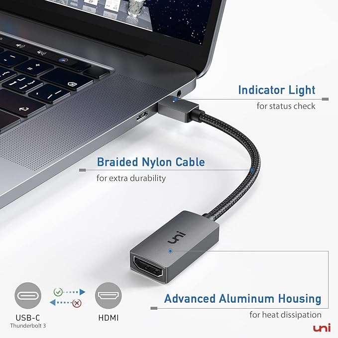 uni USB C to HDMI Adapter 4K, High Speed HDMI to USB-C Adapter, Type C (Thunderbolt 3/4) HDMI Converter Compatible with MacBook Pro/Air, Chromebook, XPS, Surface, iPhone 15 Pro/Max, Galaxy S23