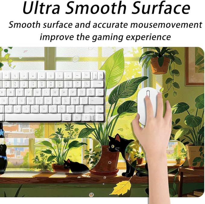 4 in 1 Large Keyboard Wrist Rest Pad, Ergonomic Wrist Rest Set, Cup Coaster, Extended Desk Mat for Home Game Office Desk Decor Accessories(Plant&Cat Pattern)