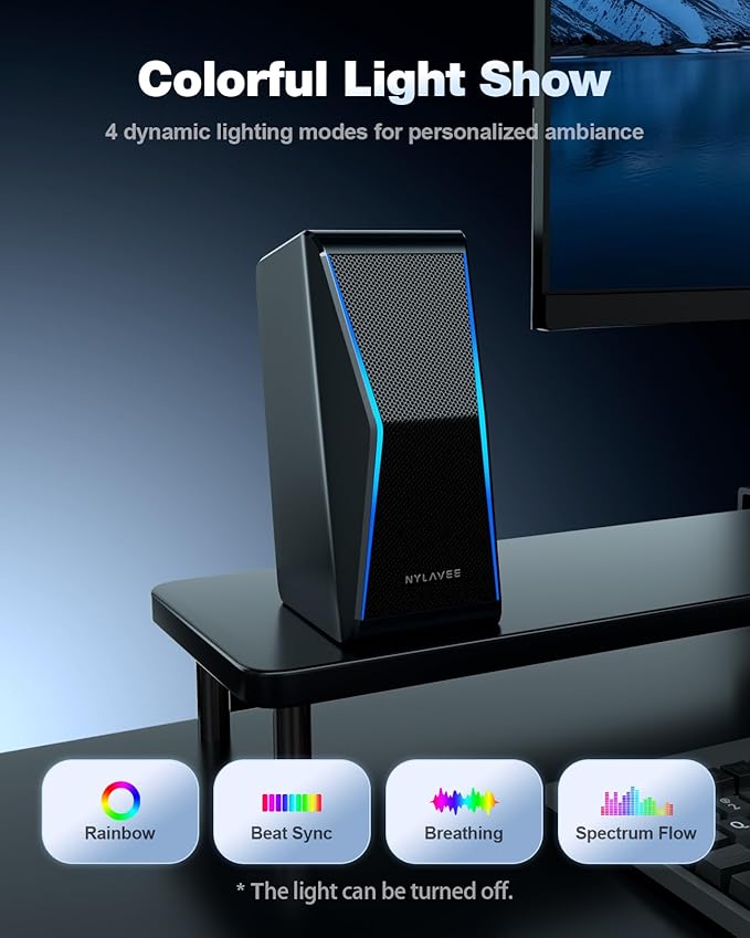 Nylavee Computer Speakers, Hi-Fi Stereo Sound PC Speakers with Bluetooth 5.0 and 3.5mm AUX-in, 14W AC Powered, Built-in Equalizer Modes and RGB Lights for Desktop PC, Monitor, Laptop, PS5, Xbox