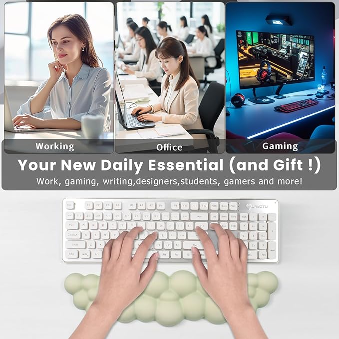 Ergonomic Memory Foam Cloud Keyboard Wrist Rest - Green Support for Laptop, Mac & PC, Non-Slip Silicone Base, Soft Wrist Pad for Gaming, Office, Carpal Tunnel Relief, for 60% 75% 80% 87 Key Keyboards