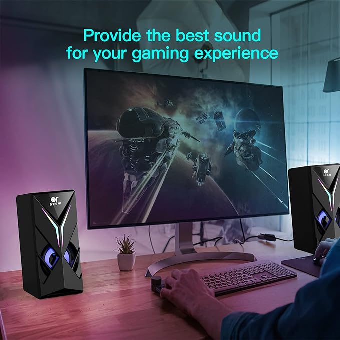 OROW 10W RGB Computer Speakers with Volume Control, Colorful LED Gaming Speakers for PC/Desktop/Laptop/Monitor, 3.5mm Aux Input, Lights On/Off Option (S201)
