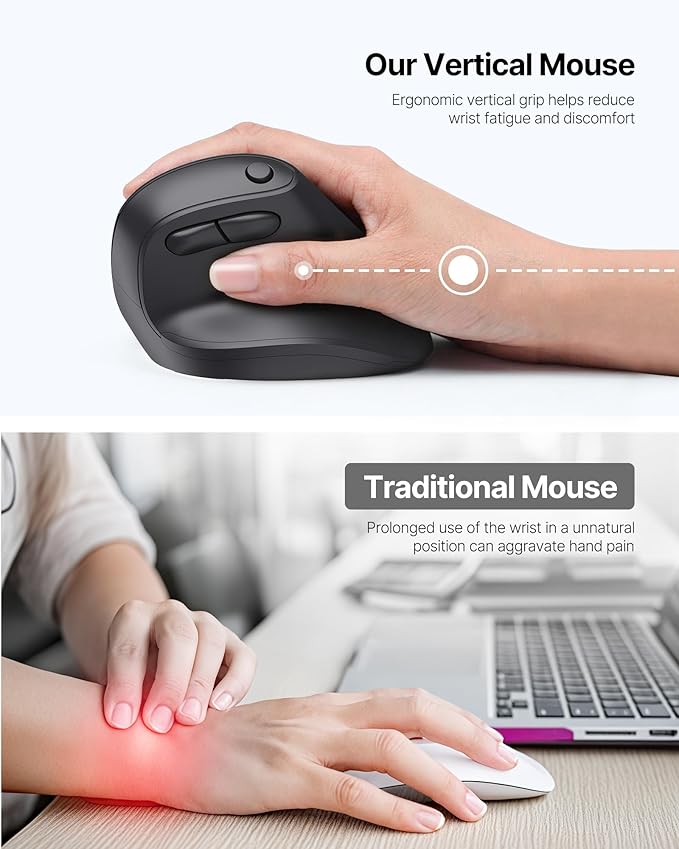 Ergonomic Mouse, USB+Bluetooth Dual Connection, Wireless Vertical Mouse for Reducing Wrist Pain, 1000/1600/2400 DPI, Ergo Mouse with Quiet Click for Windows Mac OS PC Computer Laptop, Black