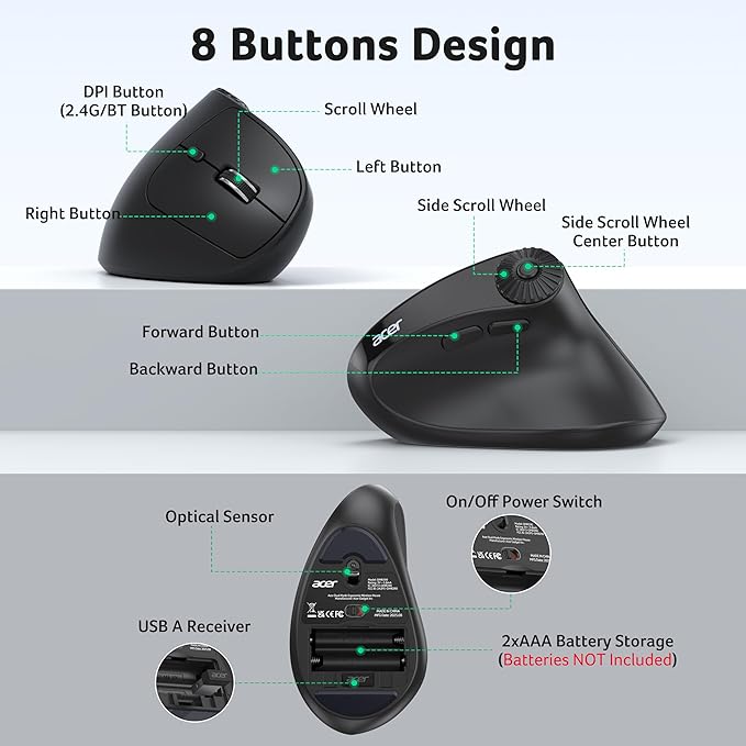 acer Ergonomic Mouse Wireless with Side Scroll Wheel, Bluetooth Mouse for Laptop(BT5.2+2.4GHz), Office Vertical Computer Mice, Small to Medium Sized Hands Ergo Mice, 8 Buttons for PC and Desktop