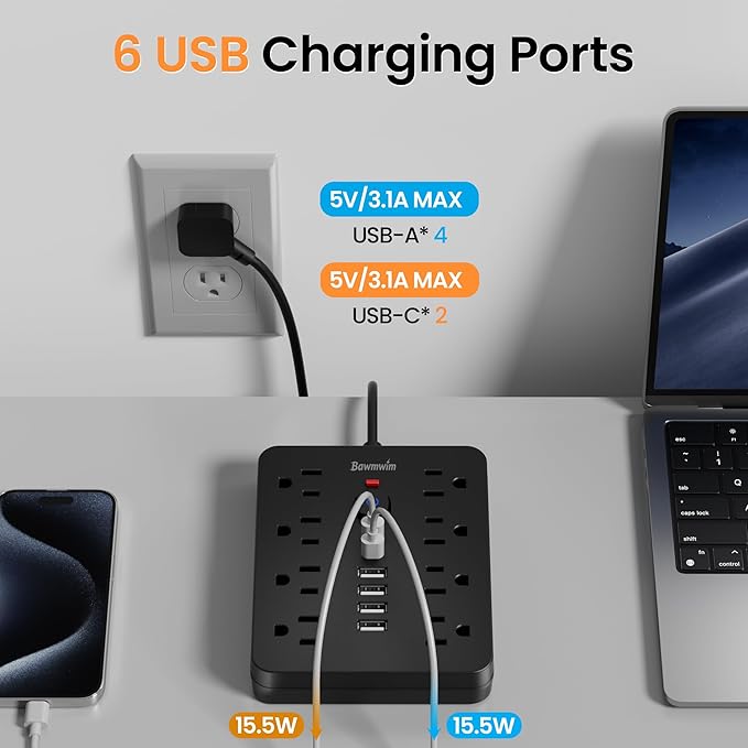 Surge Protector Power Strip, 8 Outlets(1850W/15A), 6 USB Charging Ports(2 USB C), 6FT Flat Plug Extension Cord Outlet Extender with Overload Protection, ETL Certified for Office, Dorm Room