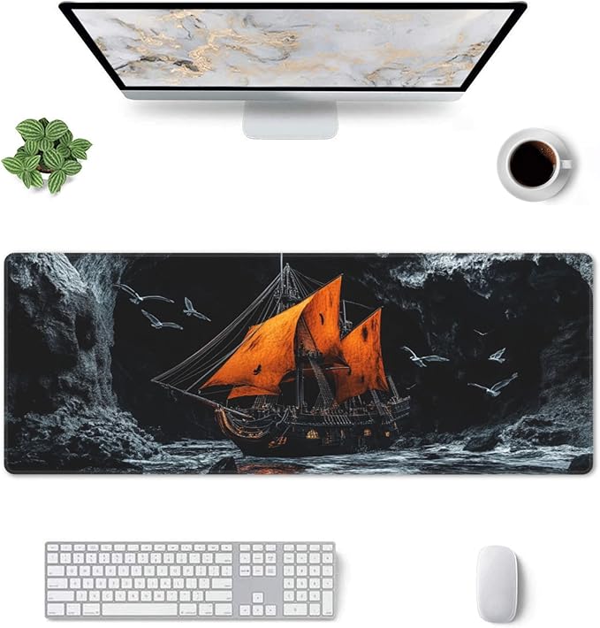 Pirate Ship Desk Mat Large Gaming Mouse Pad Pirate Ship Extended Mousepad Big in Laptop Computer Mouse Keyboard Mat for Office Desk Decor 31.5x12 in