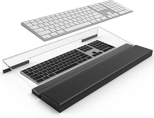 Acrylic Keyboard Stand with Ergonomic PU Leather Wrist Rest & Storage – Adjustable Tilted Riser for All Sized Keyboards, Office & Home Desk Organizer, Clear